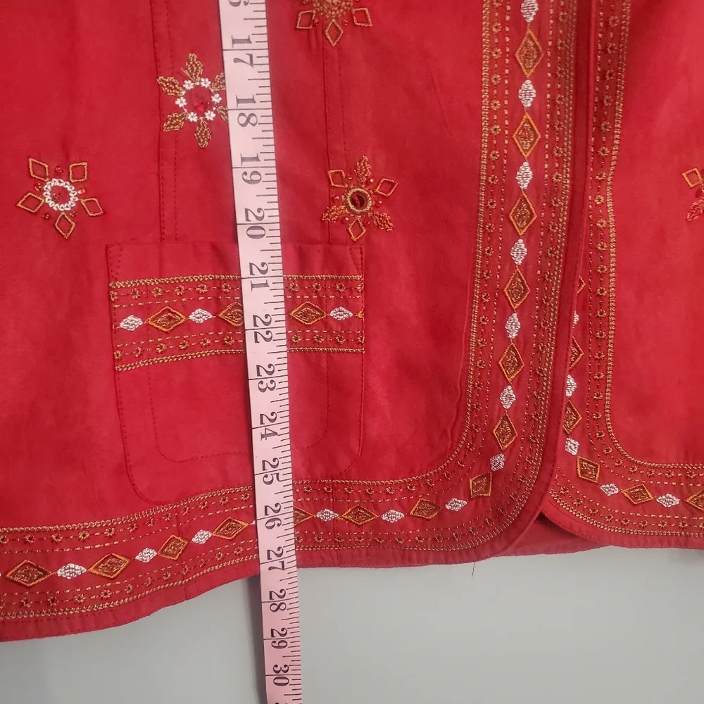 ColdWater Creek Red Faux Suede Embroidered Embellished Blazer Sz14 Chic Grandma - Picture 13 of 16